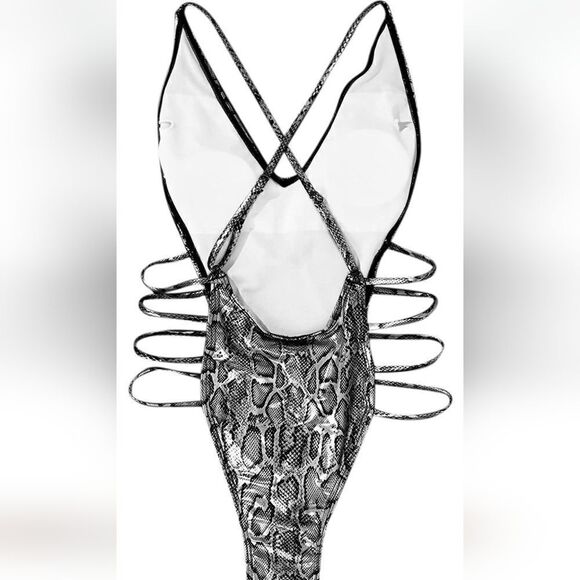 New Women’s Sexy Deep V Neck Metallic One Piece Swimsuit Snakeskin Bathing Suit - Picture 7 of 11